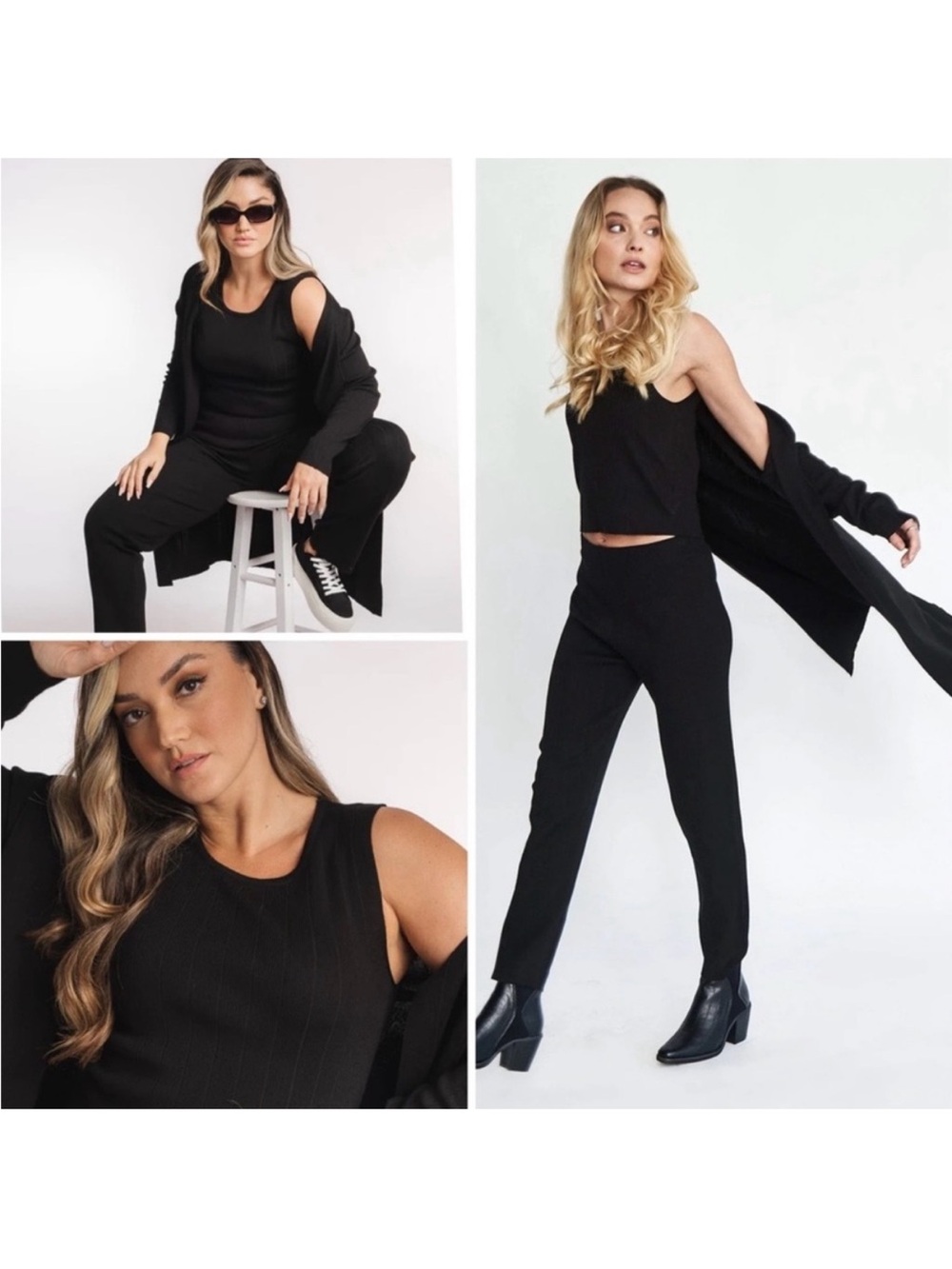 Women's Black Ribbed Straight-Leg Pants Set